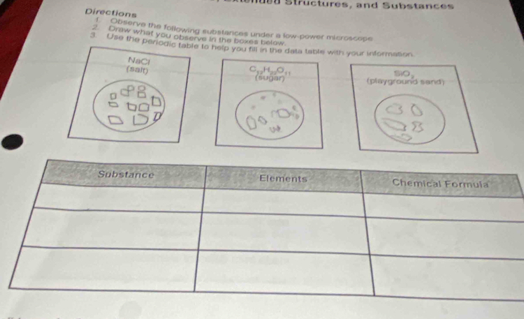 ued Structures, and Substances
Directions f Observe the following substances under a low-power microscope
2. Draw what you observe in the boxes below.
3. Use the to help you fill in the data table with your information.
 
Substance Elements Chemical Formula