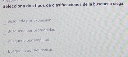 Selecciona dos tipos de clasificaciones de la búsqueda ciega.
Búsqueda por expansión
Búsqueda por profundidad
Búsqueda por amplitud
Búsqueda por heurísticas