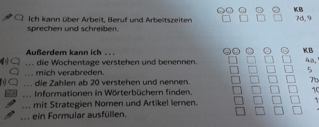 KB 
Ich kann über Arbeit, Beruf und Arbeitszeiten 7d, 9
sprechen und schreiben. 
Außerdem kann ich .. . 
KB 
... die Wochentage verstehen und benennen. 40, 
... mich verabreden. 5
D ... die Zahlen ab 20 verstehen und nennen. 7b
_ Informationen in Wörterbüchern finden. 10. . . mit Strategien Nomen und Artikel lernen. 1 
.. ein Formular ausfüllen.