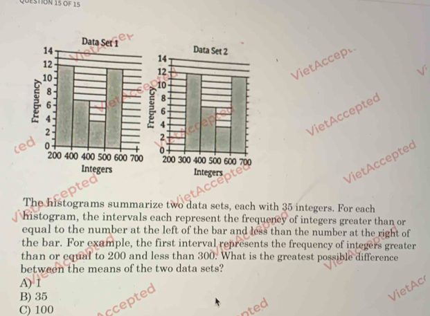 OF 15
Viet ccept
Vi
VietAccepted
VietAccepted
The histograms summarize two data sets, each with 35 integers. For each
histogram, the intervals each represent the frequency of integers greater than or
equal to the number at the left of the bar and less than the number at the right of
the bar. For example, the first interval represents the frequency of integers greater
than or equal to 200 and less than 300. What is the greatest possible difference
between the means of the two data sets?
A) 1
B) 35
VietAc
C) 100
ept
nted