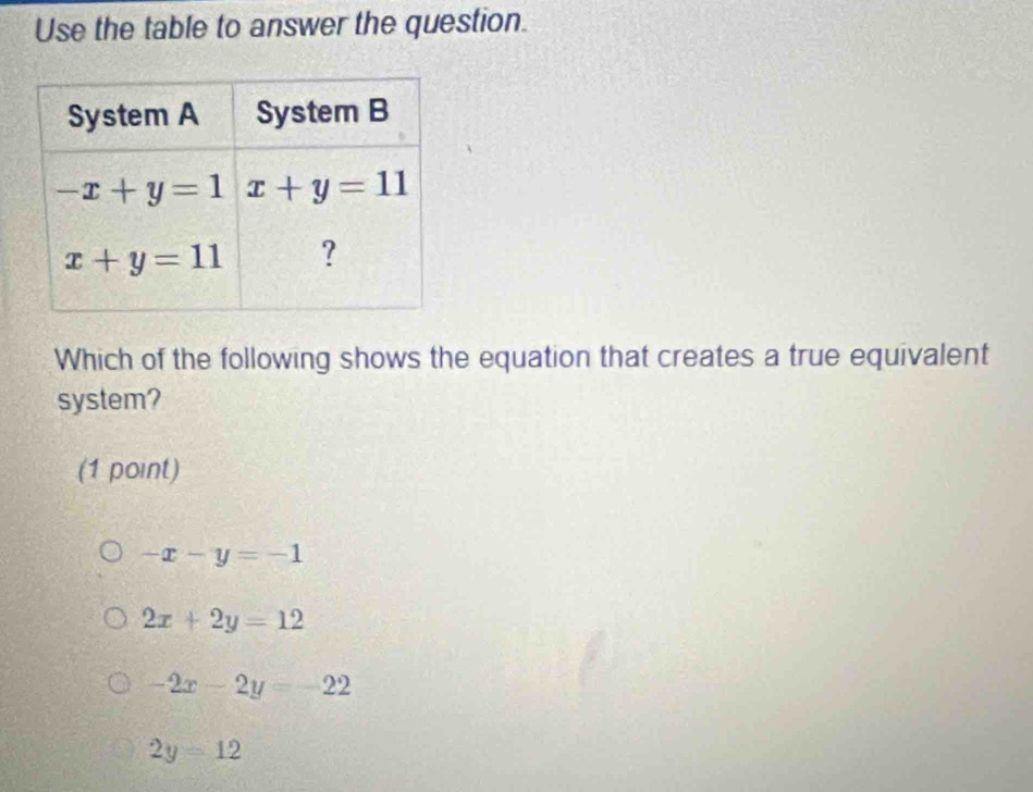 Use the table to answer the question.
Which of the following shows the equation that creates a true equivalent
system?
(1 point)
-x-y=-1
2x+2y=12
-2x-2y=-22
2y=12