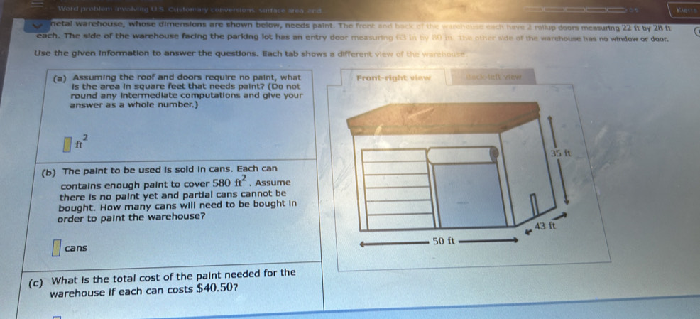 Solved: Word problem involving U.S. Customary conversions, surface area ...