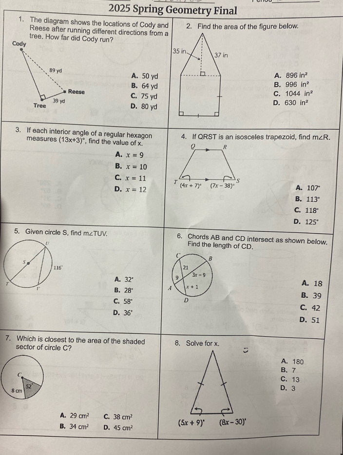 Solved: 2025 Spring Geometry Final 1. The diagram shows the locations ...