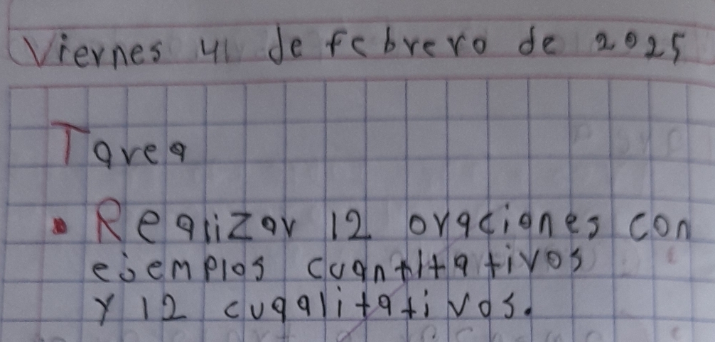 Viernes u1 de febrero de 2025 
Tavea 
Reglizor 12 orgdignes con 
ejemplos cuanti+ativos 
Y 12 cugalitafivds.