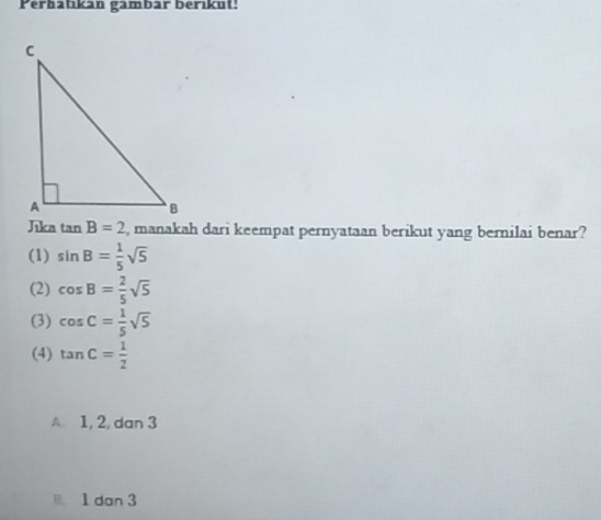 Perhatıkan gambar berıkut!
Jika tan B=2 , manakah dari keempat pernyataan berikut yang bernilai benar?
(1) sin B= 1/5 sqrt(5)
(2) cos B= 2/5 sqrt(5)
(3) cos C= 1/5 sqrt(5)
(4) tan C= 1/2 
A. 1, 2, dan 3
B. 1 dan 3