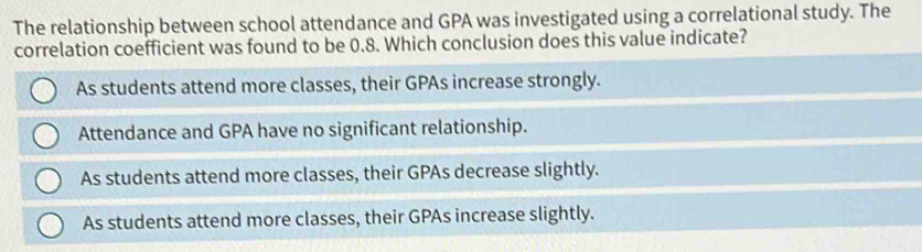 The relationship between school attendance and GPA was investigated using a correlational study. The
correlation coefficient was found to be 0.8. Which conclusion does this value indicate?
As students attend more classes, their GPAs increase strongly.
Attendance and GPA have no significant relationship.
As students attend more classes, their GPAs decrease slightly.
As students attend more classes, their GPAs increase slightly.