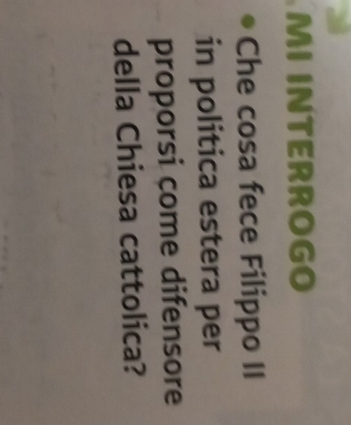 MI INTERROGO 
Che cosa fece Filippo II 
in politica estera per 
proporsi come difensore 
della Chiesa cattolica?