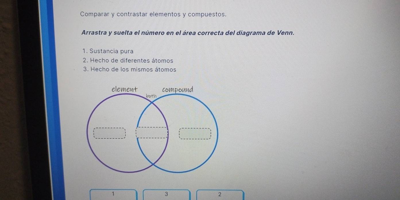 Comparar y contrastar elementos y compuestos. 
Arrastra y suelta el número en el área correcta del diagrama de Venn. 
1. Sustancia pura 
2. Hecho de diferentes átomos 
3. Hecho de los mismos átomos 
1 
3 
2