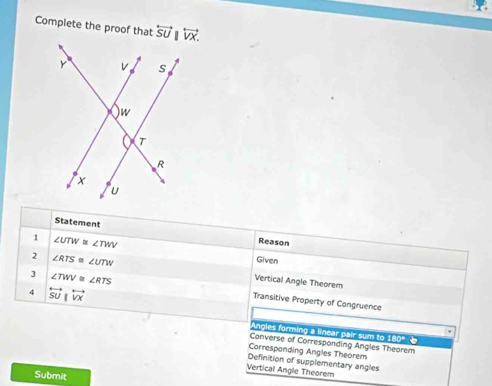 Complete the proof that overleftrightarrow SU
Statement Reason
1 ∠ UTW≌ ∠ TWV
Given
2 ∠ RTS≌ ∠ UTW Vertical Angle Theorem
4 overleftrightarrow SU||overleftrightarrow VX
3 ∠ TWV≌ ∠ RTS Transitive Property of Congruence
Angles forming a linear pair sum to 180°
Converse of Corresponding Angles Theorem
Corresponding Angles Theorem
Definition of supplementary angles
Vertical Angle Theorem
Submit