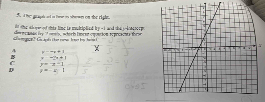 The graph of a line is shown on the right.
If the slope of this line is multiplied by -1 and the y-intercept
decreases by 2 units, which linear equation represents these
changes? Graph the new line by hand.
A y=-x+1
x
B y=-2x+1
C y=-x-1
D y=-x-1