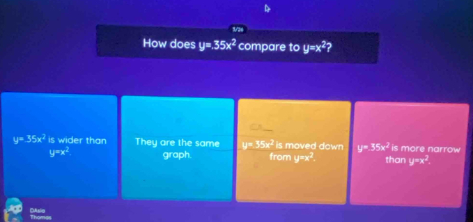 3/26
How does y=.35x^2 compare to y=x^2 2
_
y=35x^2 is wider than They are the same y=35x^2 is moved down y=35x^2 is more narrow
y=x^2 graph. from y=x^2. than y=x^2. 
Thomas DAsia