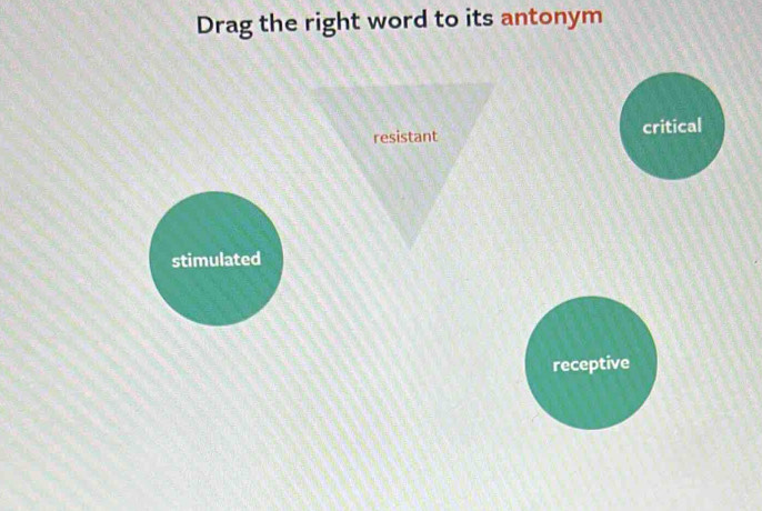 Drag the right word to its antonym
resistant critical
stimulated
receptive