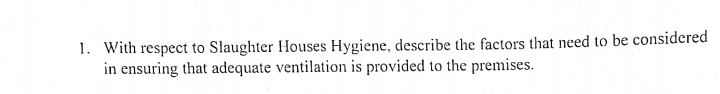 With respect to Slaughter Houses Hygiene, describe the factors that need to be considered 
in ensuring that adequate ventilation is provided to the premises.