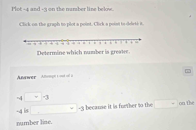 Plot -4 and -3 on the number line below. 
Click on the graph to plot a point. Click a point to deleté it. 
Determine which number is greater. 
Answer Attempt 1 out of 2
-4□ -3
-4 is _ . □  J -3 because it is further to the □ on the
□ 
number line.