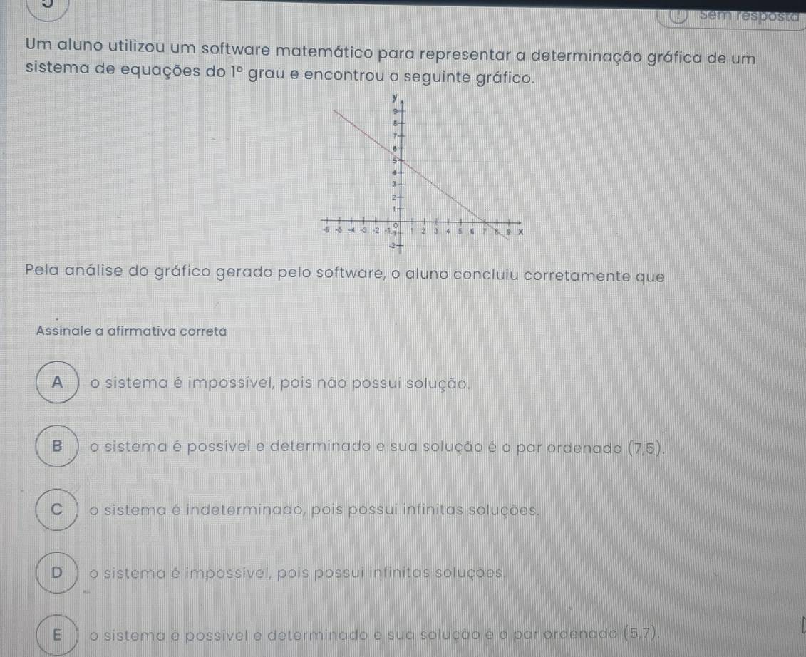 Sem resposta
Um aluno utilizou um software matemático para representar a determinação gráfica de um
sistema de equações do 1° grau e encontrou o seguinte gráfico.
Pela análise do gráfico gerado pelo software, o aluno concluiu corretamente que
Assinale a afirmativa correta
A ) o sistema é impossível, pois não possui solução.
B ) o sistema é possível e determinado e sua solução é o par ordenado (7,5).
C ) o sistema é indeterminado, pois possui infinitas soluções.
D ) o sistema é impossível, pois possui infinitas soluções.
E ) o sistema é possível e determinado e sua solução é o par ordenado (5,7).