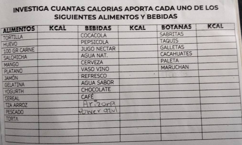 INVESTIGA CUANTAS CALORIAS APORTA CADA UNO DE LOS 
SIGUIENTES ALIMENTOS Y BEBIDAS 
a 
TO
H
1
S
M
P
J
G
Y
C
1
P
T