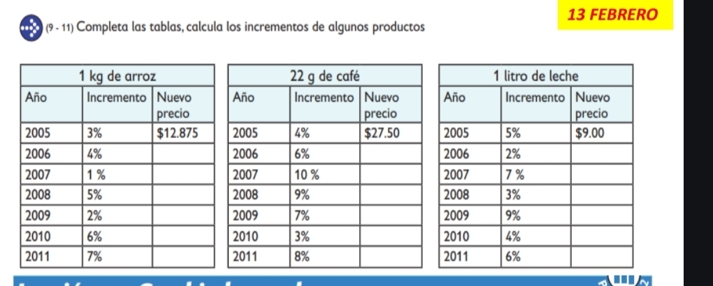 FEBRERO 
(9 - 11) Completa las tablas, calcula los incrementos de algunos productos