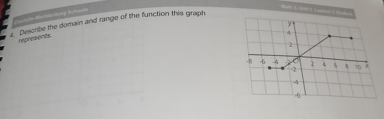 Charlotte-Mecklenburg Schools 
Math 3. Unit 1. Lesson 3 Student 
4. Describe the domain and range of the function this graph 
represents.