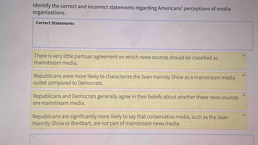 Identify the correct and incorrect statements regarding Americans’ perceptions of media
organizations.
Correct Statements
There is very little partisan agreement on which news sources should be classified as +
mainstream media.
Republicans were more likely to characterize the Sean Hannity Show as a mainstream media
outlet compared to Democrats.
Republicans and Democrats generally agree in their beliefs about whether these news sources
are mainstream media.
.:
Republicans are significantly more likely to say that conservative media, such as the Sean
Hannity Show or Breitbart, are not part of mainstream news media.