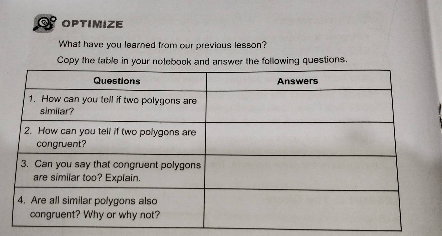 OPTIMIZE 
What have you learned from our previous lesson? 
Copy the table in your notebook and answer the following questions.