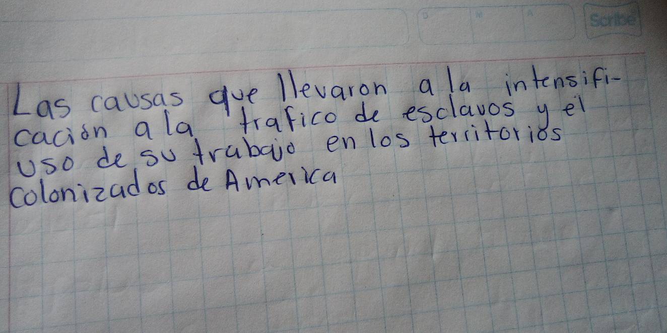 Las causas gue llevaron a la intensifi 
cacion ala trafico de esclayos yel 
Uso desu trabaio enlos territorios 
colonizados de America