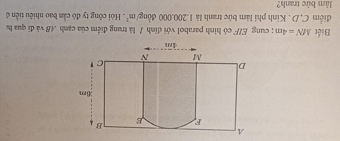 Biết MN=4m; cung EIF có hình parabol với đinh / là trung điểm của cạnh AB và đi qua ha 
điểm C, D. Kinh phí làm bức tranh là 1.200.000 đồng/ m^2. Hỏi công ty đó cần bao nhiêu tiền đ 
làm bức tranh?