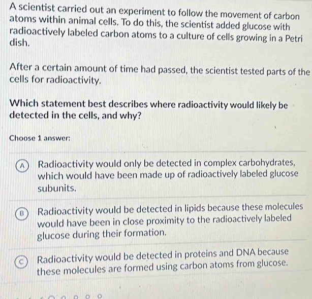 A scientist carried out an experiment to follow the movement of carbon
atoms within animal cells. To do this, the scientist added glucose with
radioactively labeled carbon atoms to a culture of cells growing in a Petri
dish.
After a certain amount of time had passed, the scientist tested parts of the
cells for radioactivity.
Which statement best describes where radioactivity would likely be
detected in the cells, and why?
Choose 1 answer:
A  Radioactivity would only be detected in complex carbohydrates,
which would have been made up of radioactively labeled glucose
subunits.
B Radioactivity would be detected in lipids because these molecules
would have been in close proximity to the radioactively labeled
glucose during their formation.
Radioactivity would be detected in proteins and DNA because
these molecules are formed using carbon atoms from glucose.