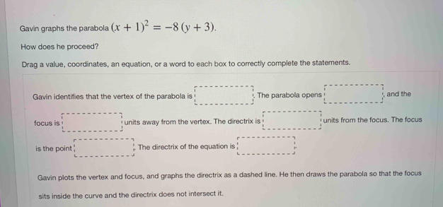 Solved: Gavin graphs the parabola (x+1)^2=-8(y+3). How does he proceed ...