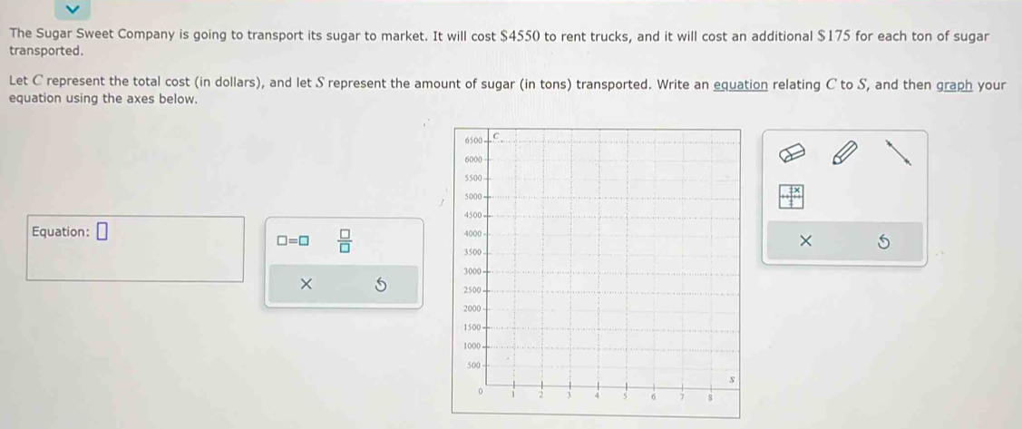 The Sugar Sweet Company is going to transport its sugar to market. It will cost $4550 to rent trucks, and it will cost an additional $175 for each ton of sugar 
transported. 
Let C represent the total cost (in dollars), and let S represent the amount of sugar (in tons) transported. Write an equation relating C to S, and then graph your 
equation using the axes below. 
Equation:
□ =□  □ /□  
× 5 
×