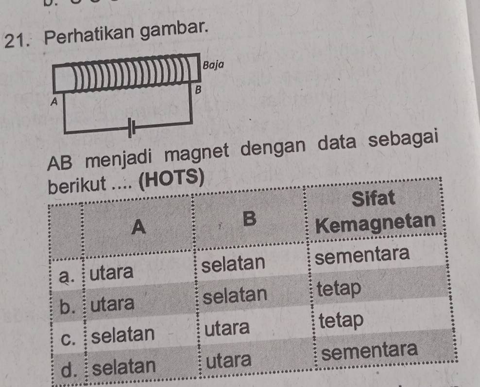 Perhatikan gambar.
Baja
B
A
AB menjadi magnet dengan data sebagai
berikut .... (HOTS)
Sifat
B
A Kemagnetan
a. utara selatan sementara
b. utara selatan tetap
c. selatan utara tetap
d. selatan utara sementara