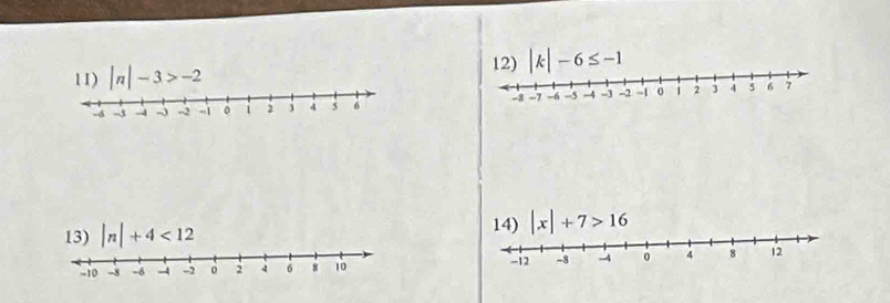 |k|-6≤ -1
11) |n|-3>-2
13) |n|+4<12</tex> 
14) |x|+7>16