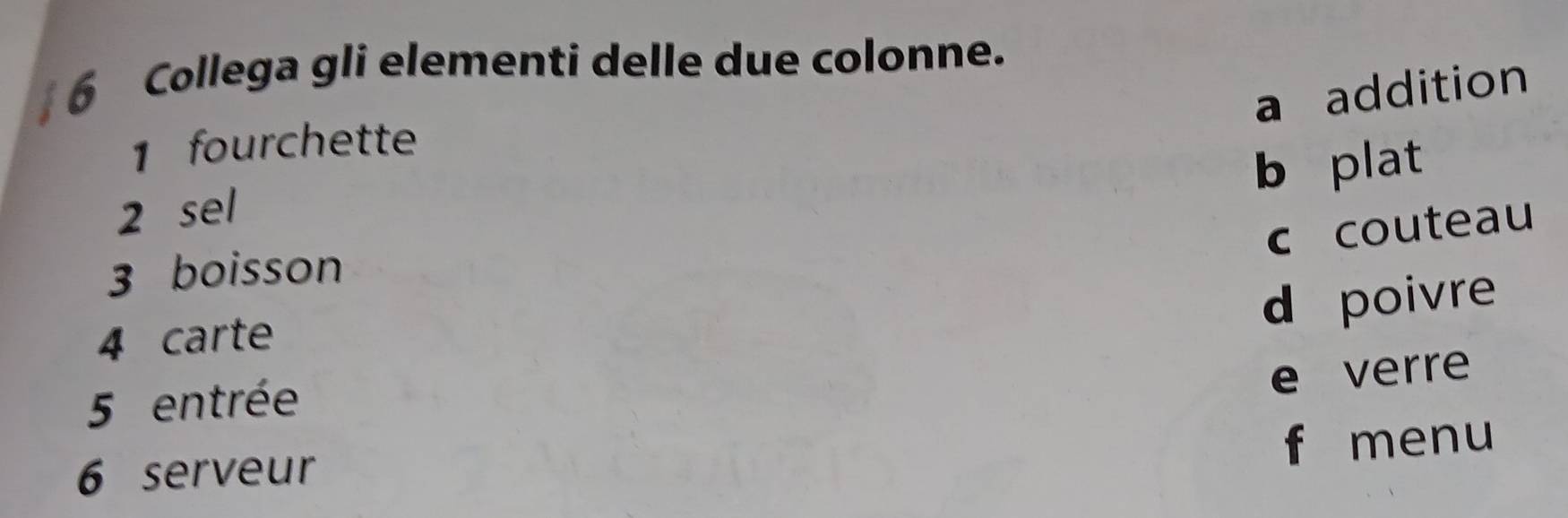 Collega gli elementi delle due colonne.
a addition
1 fourchette
b plat
2 sel
c couteau
3 boisson
d poivre
4 carte
e verre
5 entrée
f menu
6 serveur