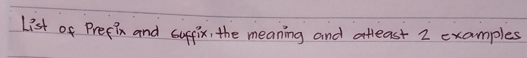 Listf Prefix and suffix, the meaning and atleast 2 examples