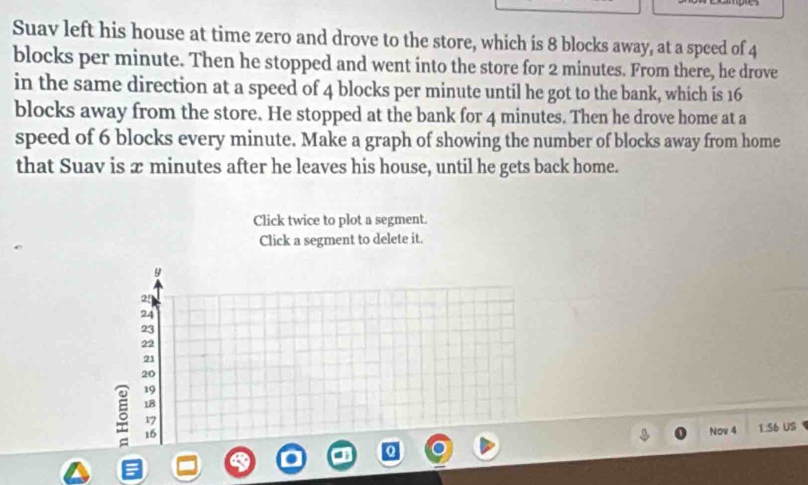 Suav left his house at time zero and drove to the store, which is 8 blocks away, at a speed of 4
blocks per minute. Then he stopped and went into the store for 2 minutes. From there, he drove 
in the same direction at a speed of 4 blocks per minute until he got to the bank, which is 16
blocks away from the store. He stopped at the bank for 4 minutes. Then he drove home at a 
speed of 6 blocks every minute. Make a graph of showing the number of blocks away from home 
that Suav is æ minutes after he leaves his house, until he gets back home. 
Click twice to plot a segment. 
Click a segment to delete it.
y
2!
24
23
22
21
20
19
5 18
17
16
Now 4 1.56 US