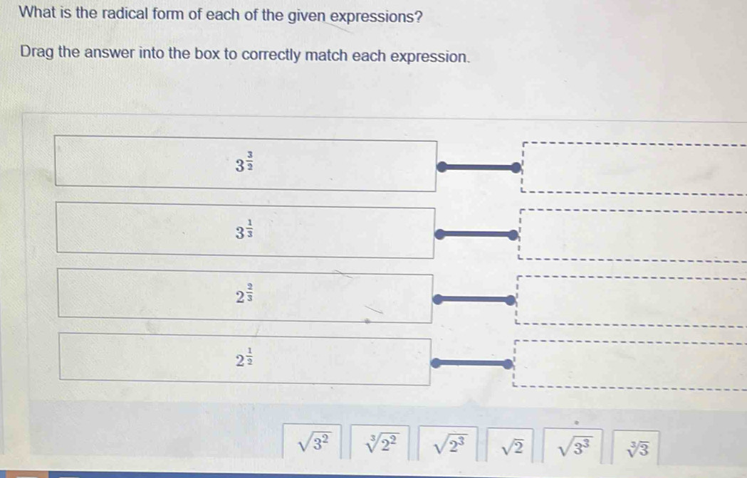 What is the radical form of each of the given expressions? 
Drag the answer into the box to correctly match each expression.
3^(frac 3)2
3^(frac 1)3
2^(frac 2)3
2^(frac 1)2
sqrt(3^2) sqrt[3](2^2) sqrt(2^3) sqrt(2) sqrt(3^3) sqrt[3](3)