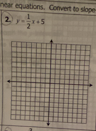 near equations. Convert to slope 
2. y= 1/2 x+5
2