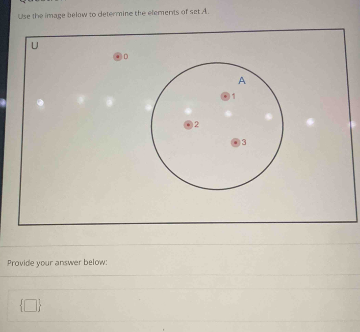 Use the image below to determine the elements of set A.
U
0
Provide your answer below:
 □ 