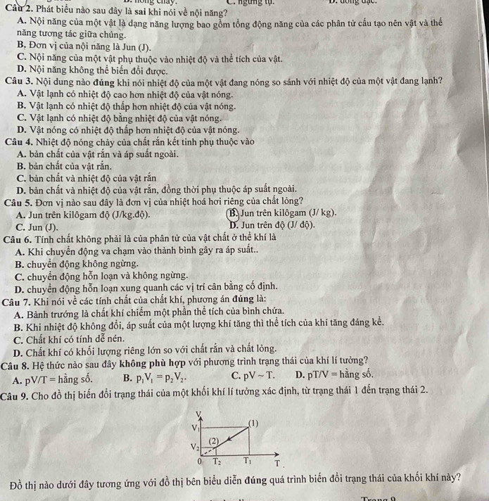 nong chay. D. đồng đạc.
Câu 2. Phát biểu nào sau đây là sai khi nói về nội năng?
A. Nội năng của một vật là dạng năng lượng bao gỗm tổng động năng của các phân tử cấu tạo nên vật và thế
năng tương tác giữa chúng.
B, Đơn vị của nội năng là Jun (J).
C. Nội năng của một vật phụ thuộc vào nhiệt độ và thể tích của vật.
D. Nội năng không thể biến đổi được.
Câu 3. Nội dung nào đúng khi nói nhiệt độ của một vật đang nóng so sánh với nhiệt độ của một vật đang lạnh?
A. Vật lạnh có nhiệt độ cao hơn nhiệt độ của vật nóng.
B. Vật lạnh có nhiệt độ thấp hơn nhiệt độ của vật nóng.
C. Vật lạnh có nhiệt độ bằng nhiệt độ của vật nóng.
D. Vật nóng có nhiệt độ thấp hơn nhiệt độ của vật nóng.
Câu 4. Nhiệt độ nóng chảy của chất rắn kết tinh phụ thuộc vào
A. bản chất của vật rắn và áp suất ngoài.
B. bản chất của vật rắn.
C. bản chất và nhiệt độ của vật rắn
D. bản chất và nhiệt độ của vật rắn, đồng thời phụ thuộc áp suất ngoài.
Câu 5. Đơn vị nào sau đây là đơn vị của nhiệt hoá hơi riêng của chất lỏng?
A. Jun trên kilôgam độ (J/kg.độ). B. Jun trên kilôgam (J/ kg).
C. Jun (J). D. Jun trên độ (J/ độ).
Câu 6. Tính chất không phải là của phân tử của vật chất ở thể khí là
A. Khi chuyển động va chạm vào thành bình gây ra áp suất..
B. chuyển động không ngừng.
C. chuyển động hỗn loạn và không ngừng.
D. chuyền động hỗn loạn xung quanh các vị trí cân bằng cố định.
Câu 7. Khi nói về các tính chất của chất khí, phương án đúng là:
A. Bành trướng là chất khí chiếm một phần thể tích của bình chứa.
B. Khi nhiệt độ không đổi, áp suất của một lượng khí tăng thì thể tích của khí tăng đáng kể.
C. Chất khí có tính dễ nén.
D. Chất khí có khối lượng riêng lớn so với chất rắn và chất lỏng.
Câu 8. Hệ thức nào sau đây không phù hợp với phương trình trạng thái của khí lí tưởng?
A. pV/T= hằng số. B. p_1V_1=p_2V_2. C. pVsim T. D. pT/V= hàng số.
Câu 9. Cho đồ thị biến đổi trạng thái của một khối khí lí tưởng xác định, từ trạng thái 1 đến trạng thái 2.
v
V_1 (1)
V_2 (2)
0 T_2 T_1 T
Đồ thị nào dưới đây tương ứng với đồ thị bên biểu diễn đúng quá trình biến đổi trạng thái của khối khí này?