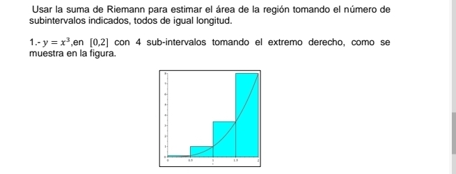 Usar la suma de Riemann para estimar el área de la región tomando el número de 
subintervalos indicados, todos de igual longitud. 
1.- y=x^3 ,en [0,2] con 4 sub-intervalos tomando el extremo derecho, como se 
muestra en la fiqura.