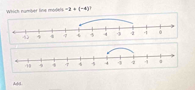 Which number line models -2+(-4) ? 
Add.