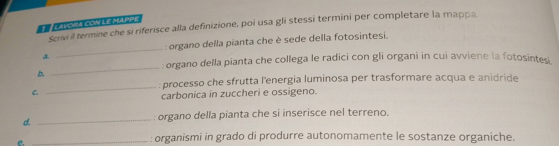 LAVORA CON LE MAPPE 
Scrivi il termine che si riferisce alla definizione, poi usa gli stessi termini per completare la mappa. 
: organo della pianta che è sede della fotosintesi. 
a. 
_ 
: organo della pianta che collega le radici con gli organi in cui avviene la fotosintesi. 
b. 
_ 
_: processo che sfrutta l’energia luminosa per trasformare acqua e anidride 
C. 
carbonica in zuccheri e ossigeno. 
_: organo della pianta che si inserisce nel terreno. 
d. 
e. 
_: organismi in grado di produrre autonomamente le sostanze organiche.