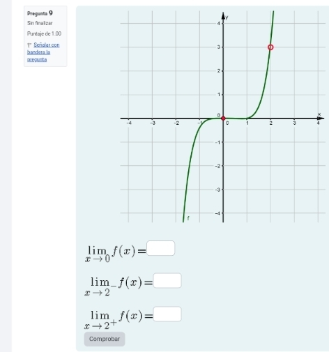 Pregunta 9
Sin finalizar
Puntaje de 1.00
†* Señalar con
bandera la
precunta
4
limlimits _xto 0f(x)=□
limlimits _xto 2^-f(x)=□
limlimits _xto 2^+f(x)=□
Comprobar