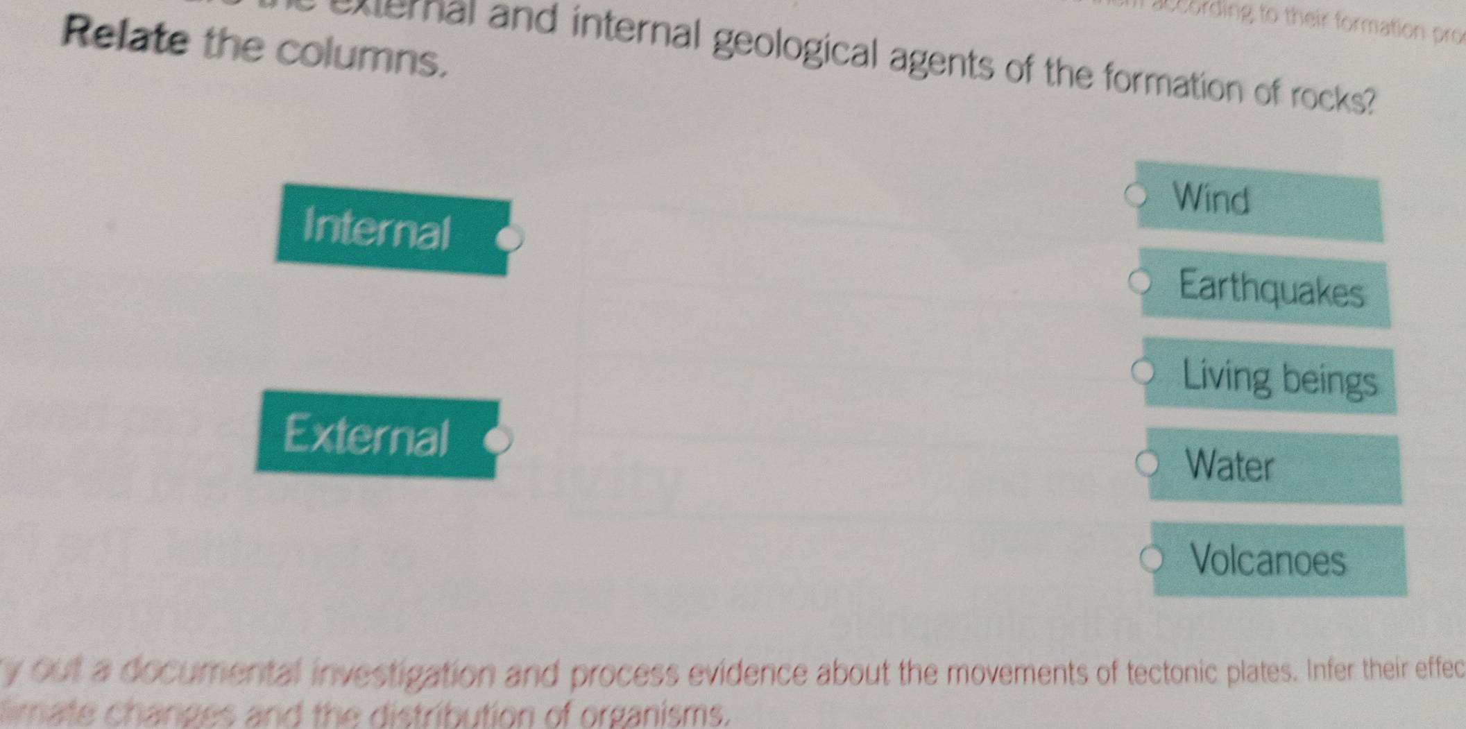 cording to their formation pro
Relate the columns.
exernal and internal geological agents of the formation of rocks?
Wind
Internal
Earthquakes
Living beings
External
Water
Volcanoes
y out a documental investigation and process evidence about the movements of tectonic plates. Infer their effec
limate changes and the distribution of organisms.