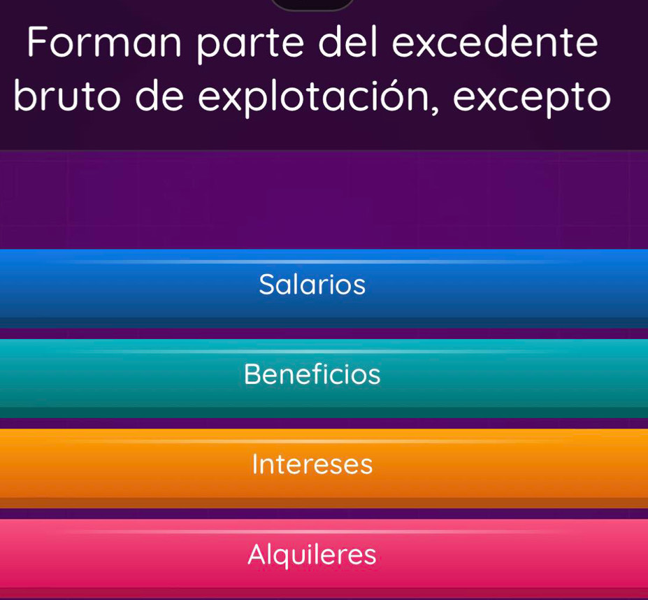 Forman parte del excedente
bruto de explotación, excepto
Salarios
Beneficios
Intereses
Alquileres