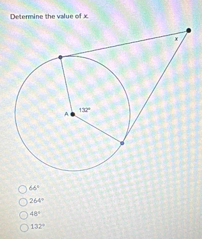 Determine the value of x.
66°
264°
48°
132°