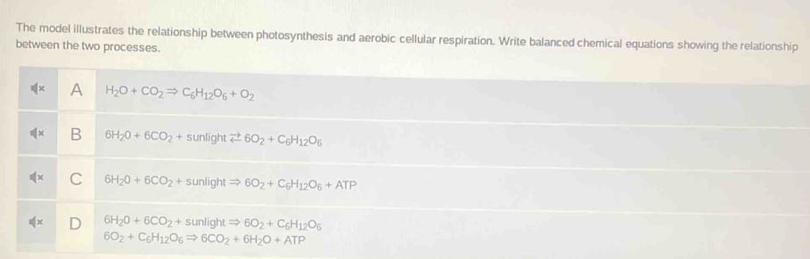 The model illustrates the relationship between photosynthesis and aerobic cellular respiration. Write balanced chemical equations showing the relationship
between the two processes.
A H_2O+CO_2Rightarrow C_6H_12O_6+O_2
6H_2O+6CO_2+sunli 3ht leftharpoons 6O_2+C_6H_12O_6
6H_2O+6CO_2+sunlightRightarrow 6O_2+C_6H_12O_6+ATP
6H_2O+6CO_2+sunlightRightarrow 6O_2+C_6H_12O_6
6O_2+C_6H_12O_6Rightarrow 6CO_2+6H_2O+ATP