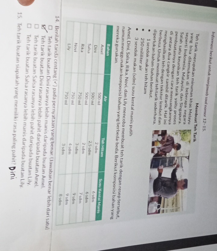 Informasi berikut untuk menjawab soal nomor 12-15.
Membuat Teh Tarik
Teh tarik merupakan minuman khas Melay
yang bisa ditemukan di beberapa negar
seperti Indonesia, Malaysia, dan Singapura
Salah satu keunikan teh tarik yaitu prose
pembuatannya dengan cara menuangkanny
di antara dua cangkir sambil ditarík. Hal in
menghasilkan teh dengan tekstur lembut da
berbusa. Untuk membuat teh tarik sederhana
diperlukan bahan-bahan berikut.
1 sendok makan teh hitam
250 mililiter air
3 sendok makan (sdm) susu kental manis putih
Amel, Dini, Salsa, Rika, Novi, dan Lily mencoba membuat teh tarik dengan resep tersebut,
namun menggunakan komposisi bahan yang berbeda-beda. Berikut ko
mereka gunakan.
(√ ) pada pernyataan yang benar. (Jawaban benar lebih dari satu)
□_ Teh tarik buatan Dini rasanya lebih manis daripada buatan Amel.
Teh tarik buatan Dini rasanya lebih pahit daripada buatan Amel.
Teh tarik buatan Salsa rasanya lebih pahit daripada buatan Lily.
Teh tarik buatan Salsa rasanya lebih manis daripada buatan Lily.
15. Teh tarik buatan siapakah yang memiliki rasa paling pahit? Dini