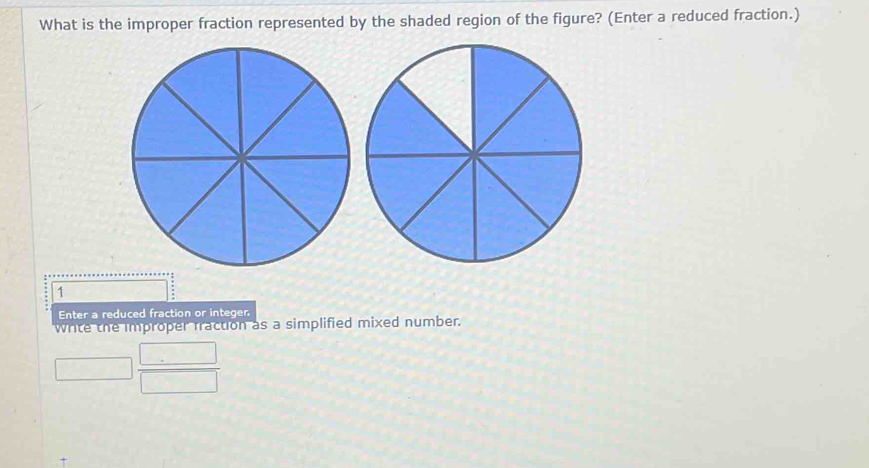 What is the improper fraction represented by the shaded region of the figure? (Enter a reduced fraction.)
1
Enter a reduced fraction or integer 
write the improper fraction as a simplified mixed number.