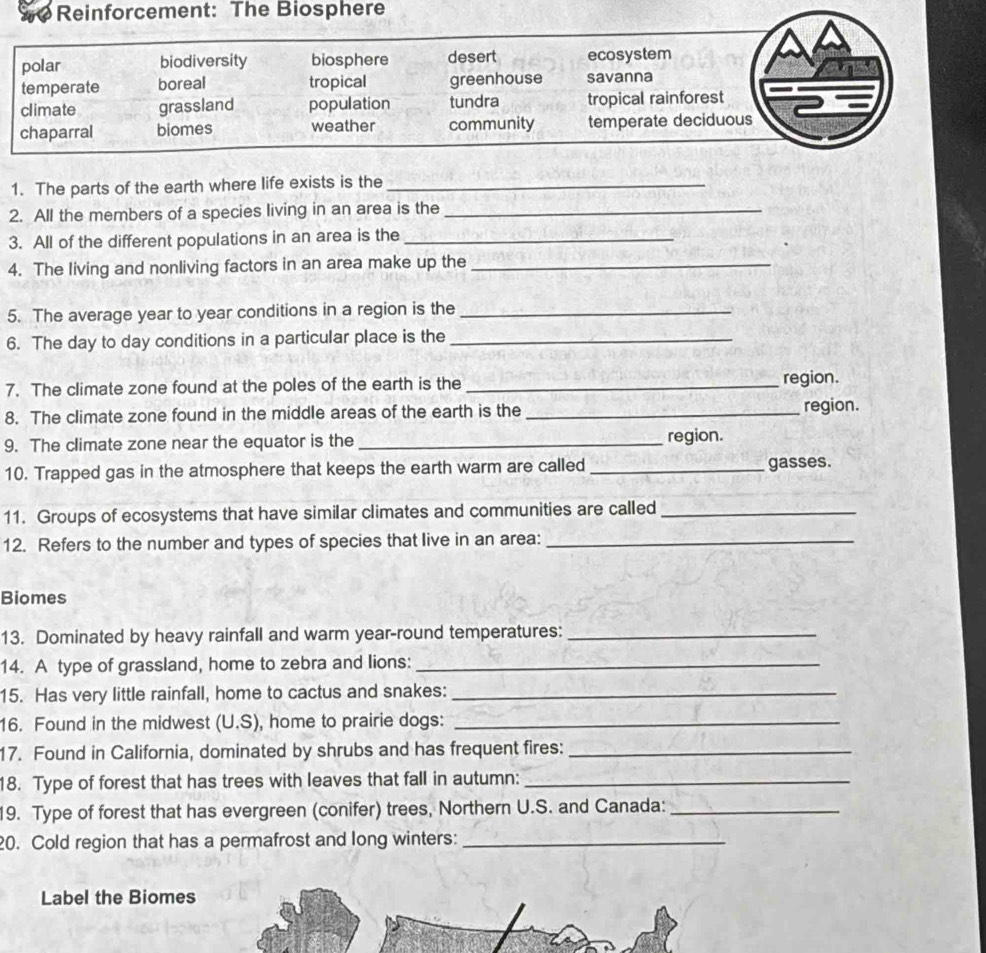 Reinforcement: The Biosphere
polar biodiversity biosphere desert ecosystem
temperate boreal tropical greenhouse savanna
climate grassland population tundra tropical rainforest
chaparral biomes weather community temperate deciduous
1. The parts of the earth where life exists is the_
2. All the members of a species living in an area is the_
3. All of the different populations in an area is the_
4. The living and nonliving factors in an area make up the_
5. The average year to year conditions in a region is the_
6. The day to day conditions in a particular place is the_
7. The climate zone found at the poles of the earth is the_ region.
8. The climate zone found in the middle areas of the earth is the _region.
9. The climate zone near the equator is the _region.
10. Trapped gas in the atmosphere that keeps the earth warm are called_ gasses.
11. Groups of ecosystems that have similar climates and communities are called_
12. Refers to the number and types of species that live in an area:_
Biomes
13. Dominated by heavy rainfall and warm year-round temperatures:_
14. A type of grassland, home to zebra and lions:_
15. Has very little rainfall, home to cactus and snakes:_
16. Found in the midwest (U.S), home to prairie dogs:_
17. Found in California, dominated by shrubs and has frequent fires:_
18. Type of forest that has trees with leaves that fall in autumn:_
19. Type of forest that has evergreen (conifer) trees, Northern U.S. and Canada:_
20. Cold region that has a permafrost and long winters:_
Label the Biomes