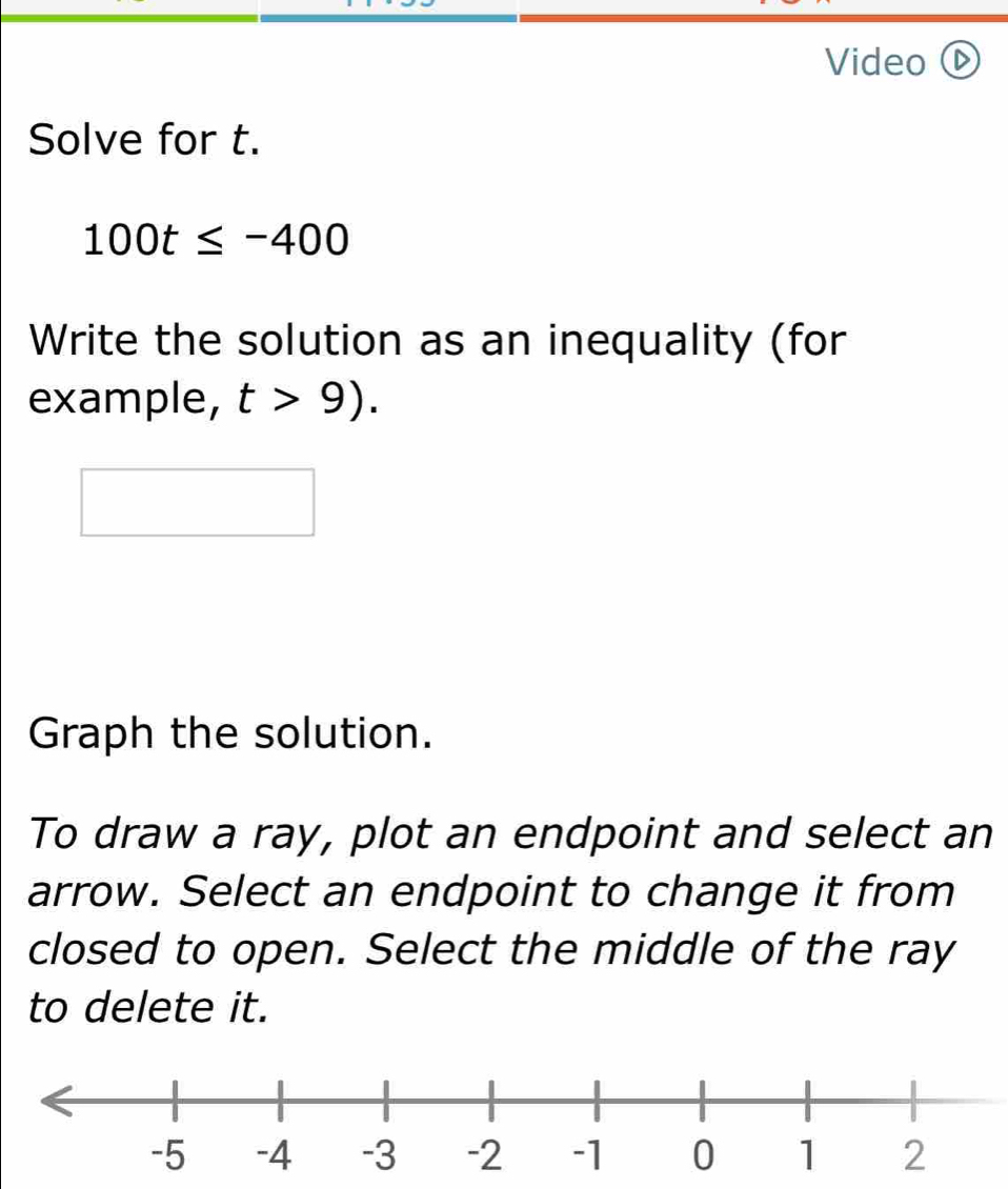 Video ( 
Solve for t.
100t≤ -400
Write the solution as an inequality (for 
example, t>9). 
Graph the solution. 
To draw a ray, plot an endpoint and select an 
arrow. Select an endpoint to change it from 
closed to open. Select the middle of the ray 
to delete it.